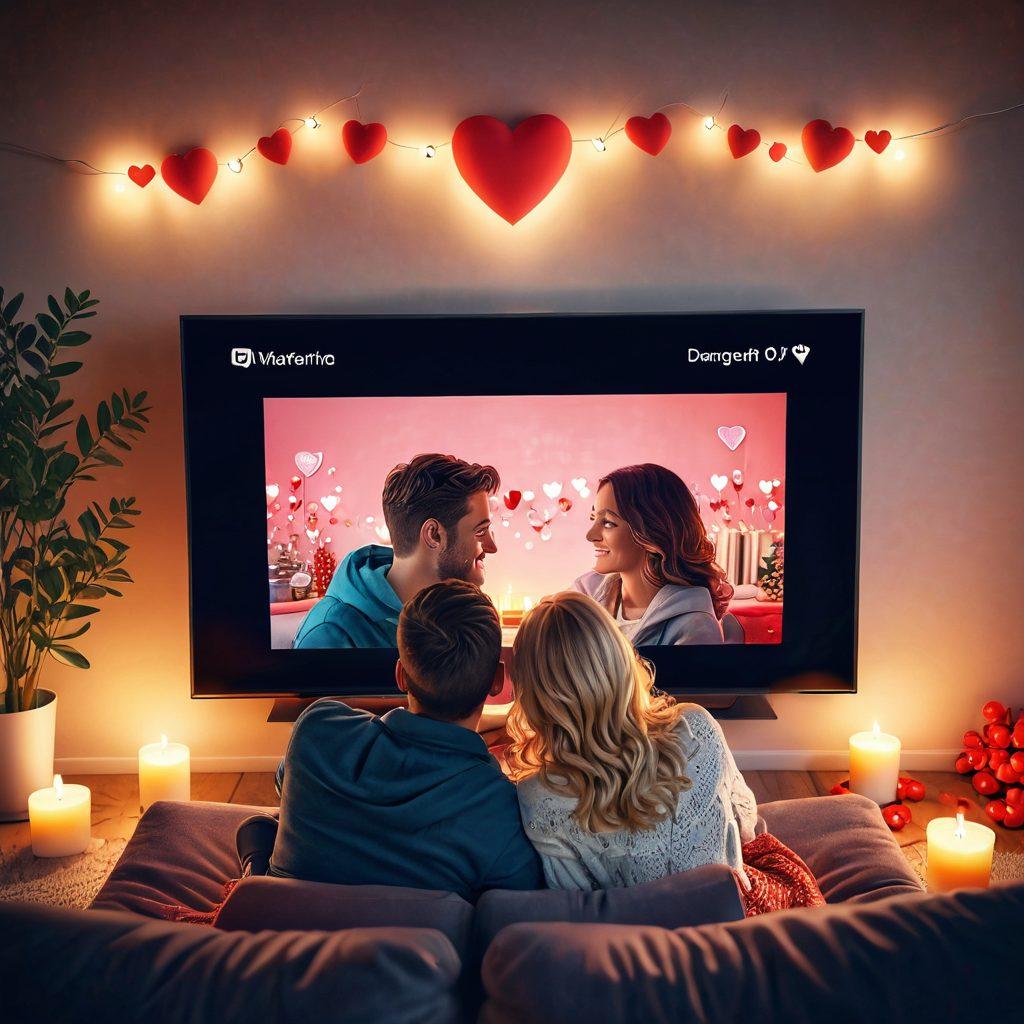 A couple sitting on a cozy couch, holding hands while streaming a romantic movie on a smart TV, surrounded by heart-shaped decorations and soft candlelight. The scene is warm and inviting, capturing the essence of modern online dating. 3D. vibrant colors. romantic ambiance.