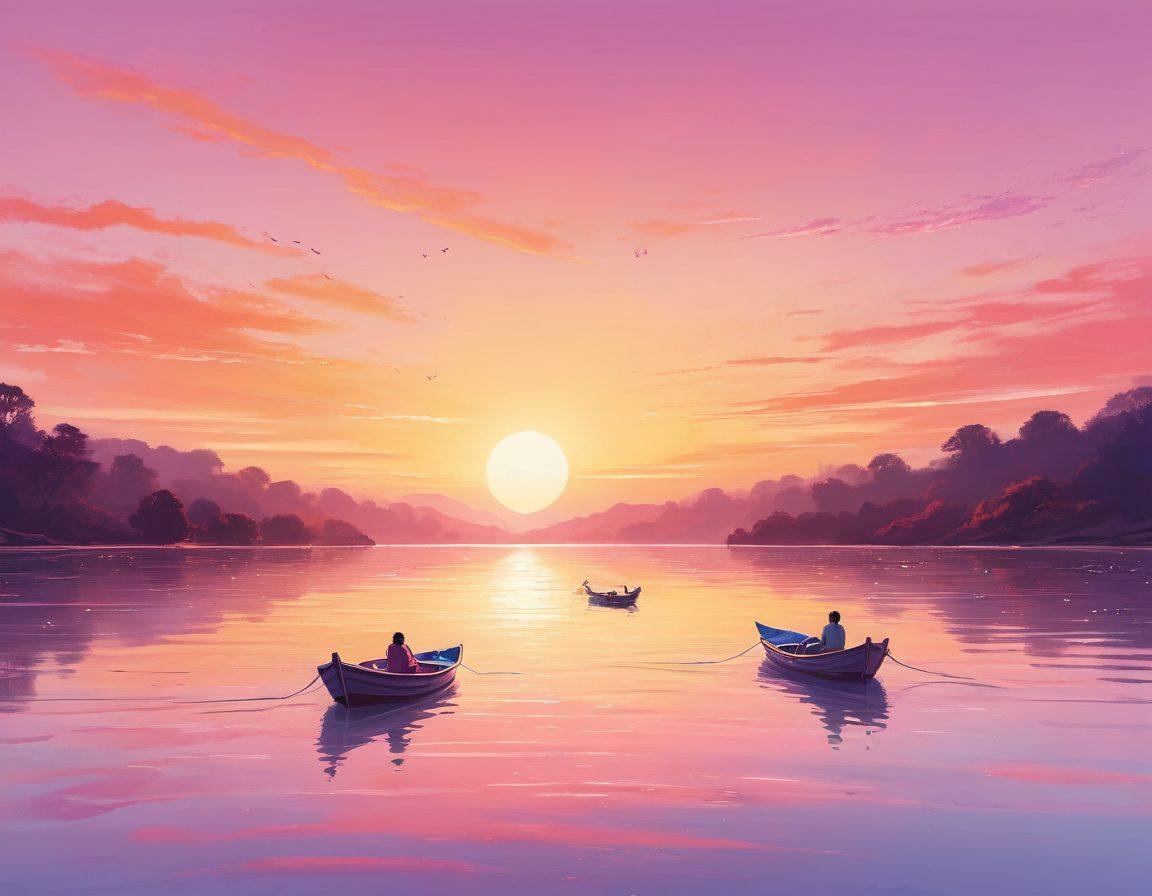 A serene digital river filled with heart-shaped boats floating towards a distant horizon, symbolizing the journey of finding love. Each boat carries a smiling individual looking optimistically towards other boats, creating a sense of genuine connection. Include gentle waves and a warm, pastel-colored sunset to evoke calm and hope. Vector art. vibrant colors. white background. 