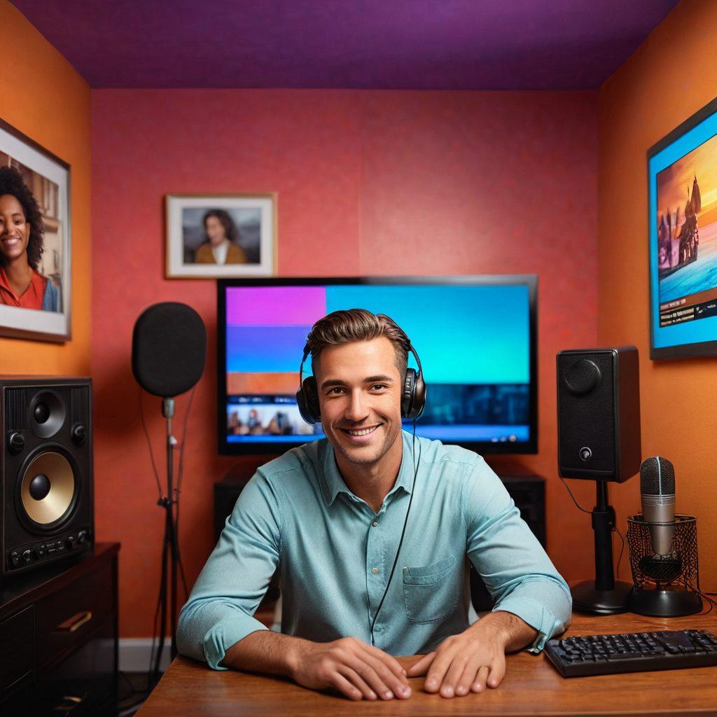 A dynamic blend of a radio broadcaster with headphones and a microphone, seamlessly morphing into a person engaging in a warm, intimate conversation via webcam. The background features a gradient effect transitioning from a vibrant radio studio to a cozy, inviting living room. The atmosphere should exude connection and warmth. super-realistic. vibrant colors. gradient background.